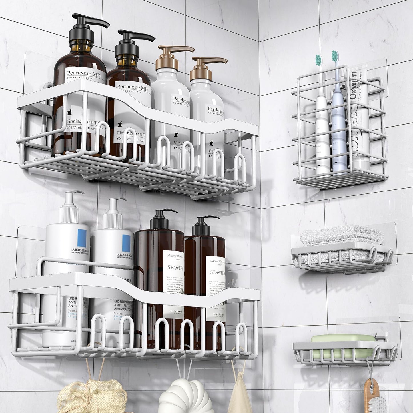 EUDELE Shower Caddy 5 Pack, Adhesive Bathroom Organizer, Large Capacity, Rustproof Stainless Steel, Shower Shelves