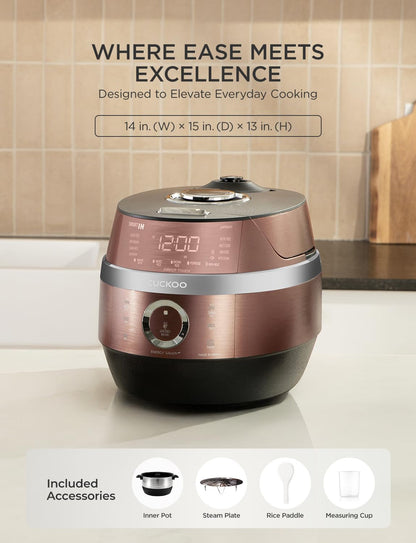 CUCKOO CRP-JHR0609F | 6-Cup (Uncooked) Induction Heating Pressure Rice Cooker | 13 Menu Options, Auto-Clean, Voice Guide, Made in Korea | Copper