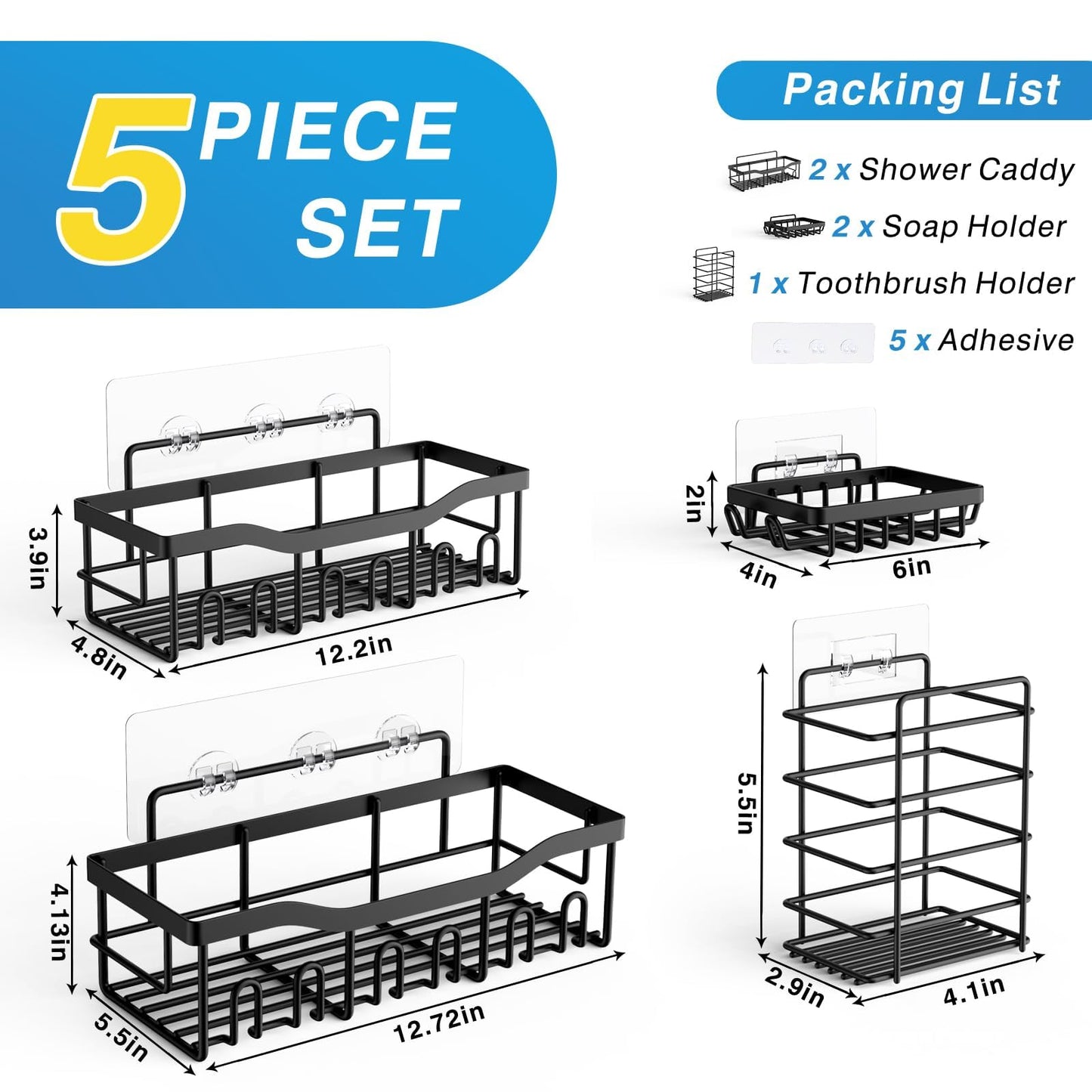 EUDELE Shower Caddy 5 Pack, Adhesive Bathroom Organizer, Large Capacity, Rustproof Stainless Steel, Shower Shelves