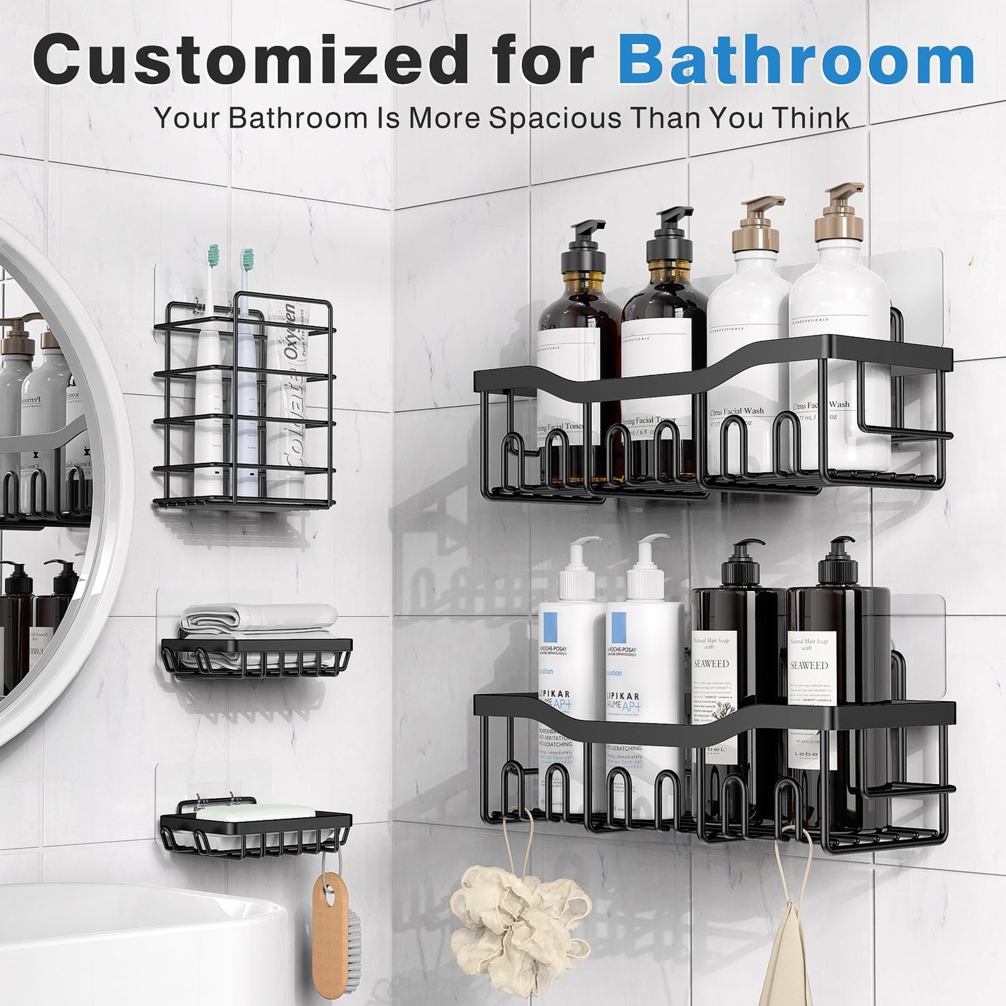 EUDELE Shower Caddy 5 Pack, Adhesive Bathroom Organizer, Large Capacity, Rustproof Stainless Steel, Shower Shelves