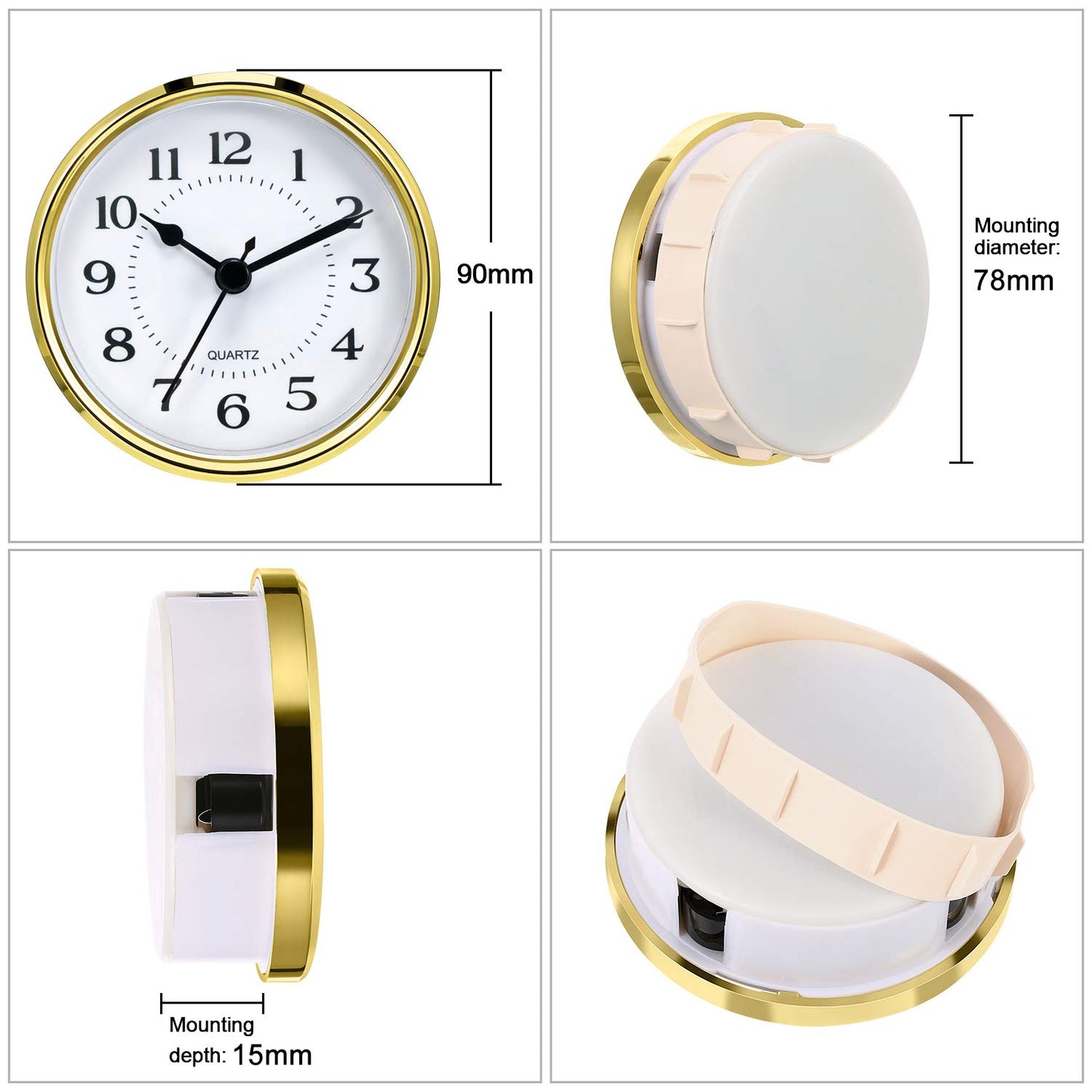 Hicarer 3-1/2 Inch (90 mm) Quartz Clock Fit-Up/Insert with Arabic Numeral, Quartz Movement