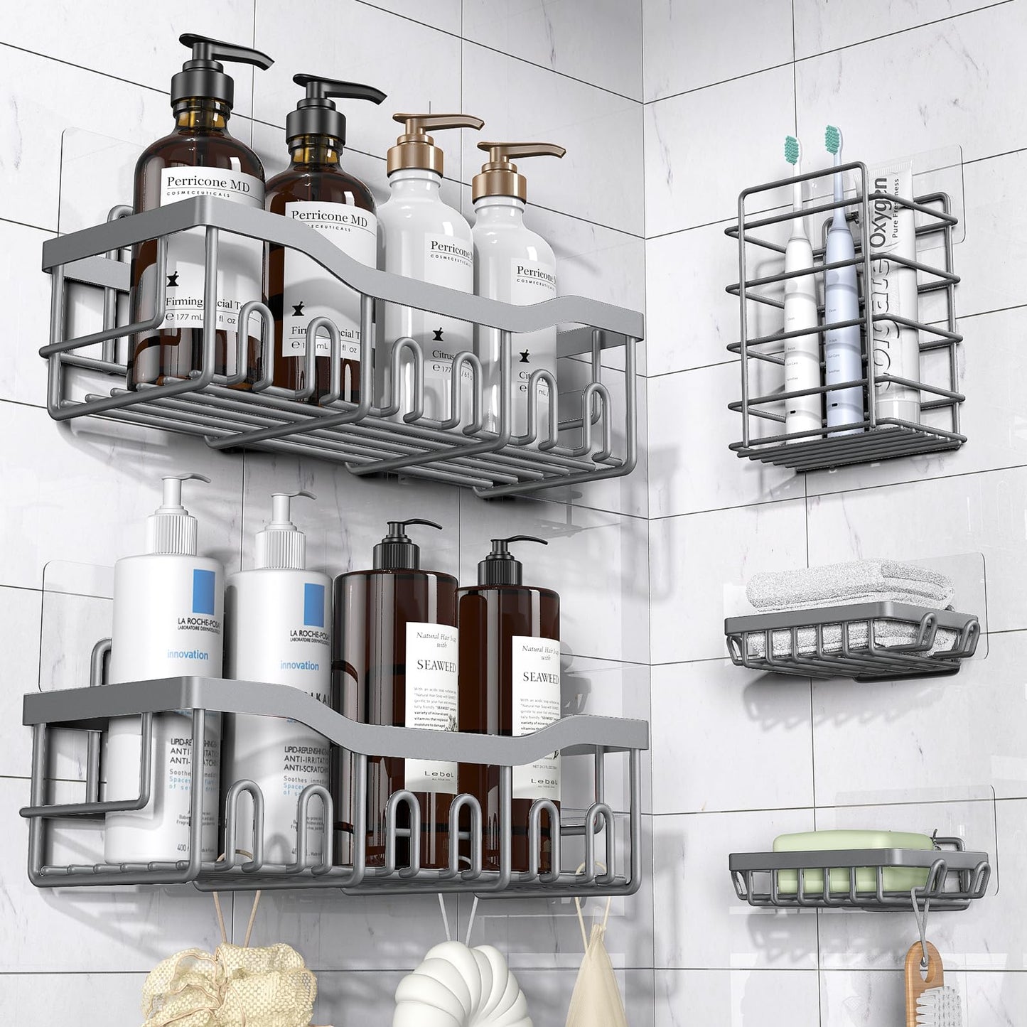 EUDELE Shower Caddy 5 Pack, Adhesive Bathroom Organizer, Large Capacity, Rustproof Stainless Steel, Shower Shelves