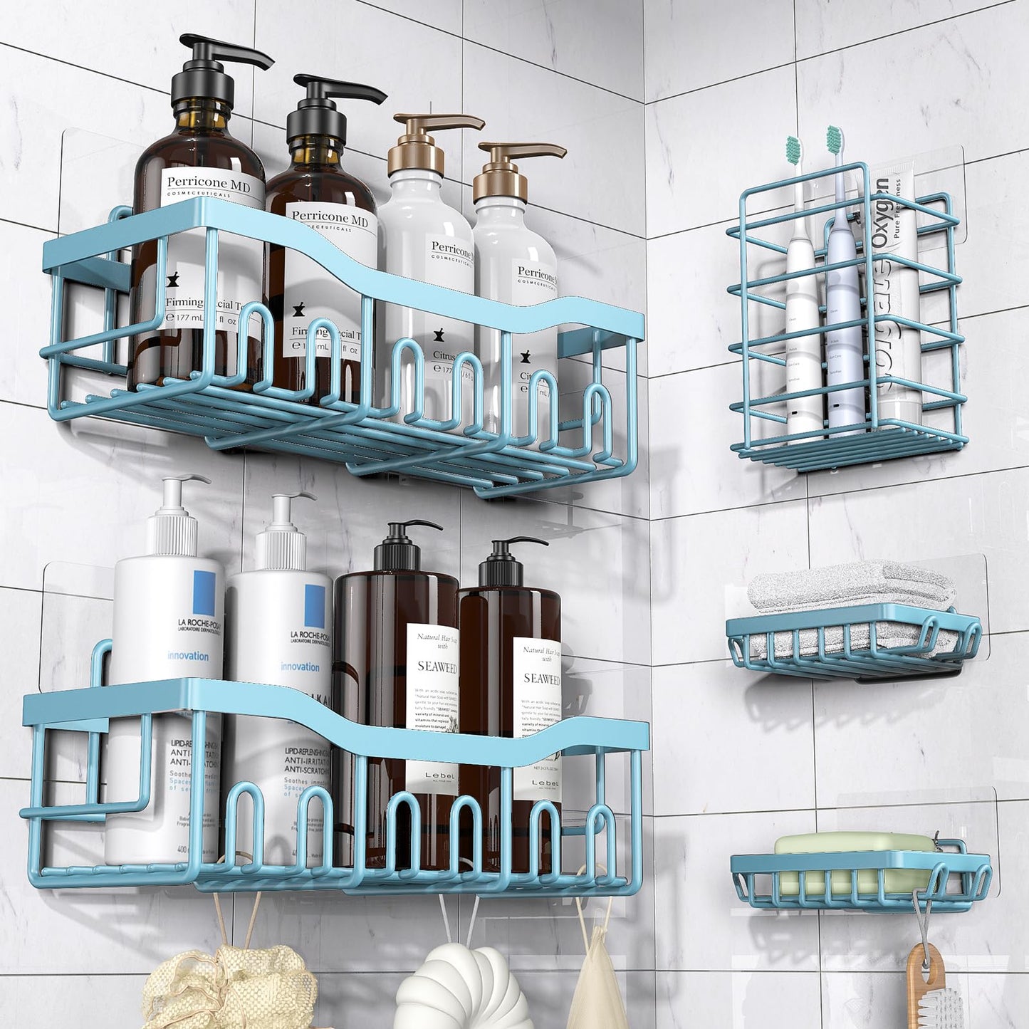 EUDELE Shower Caddy 5 Pack, Adhesive Bathroom Organizer, Large Capacity, Rustproof Stainless Steel, Shower Shelves