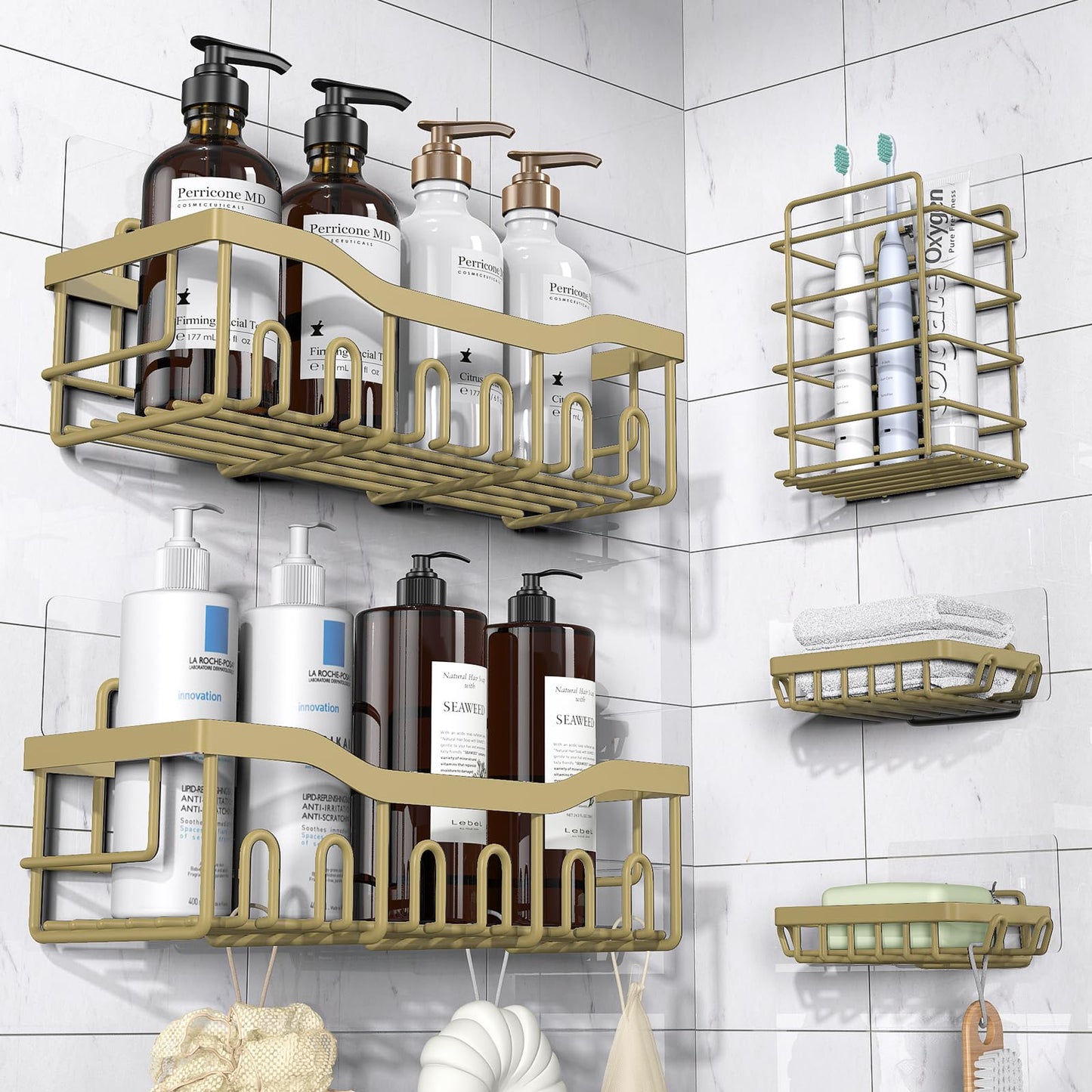 EUDELE Shower Caddy 5 Pack, Adhesive Bathroom Organizer, Large Capacity, Rustproof Stainless Steel, Shower Shelves