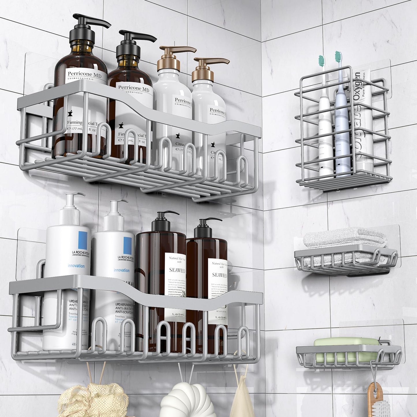 EUDELE Shower Caddy 5 Pack, Adhesive Bathroom Organizer, Large Capacity, Rustproof Stainless Steel, Shower Shelves