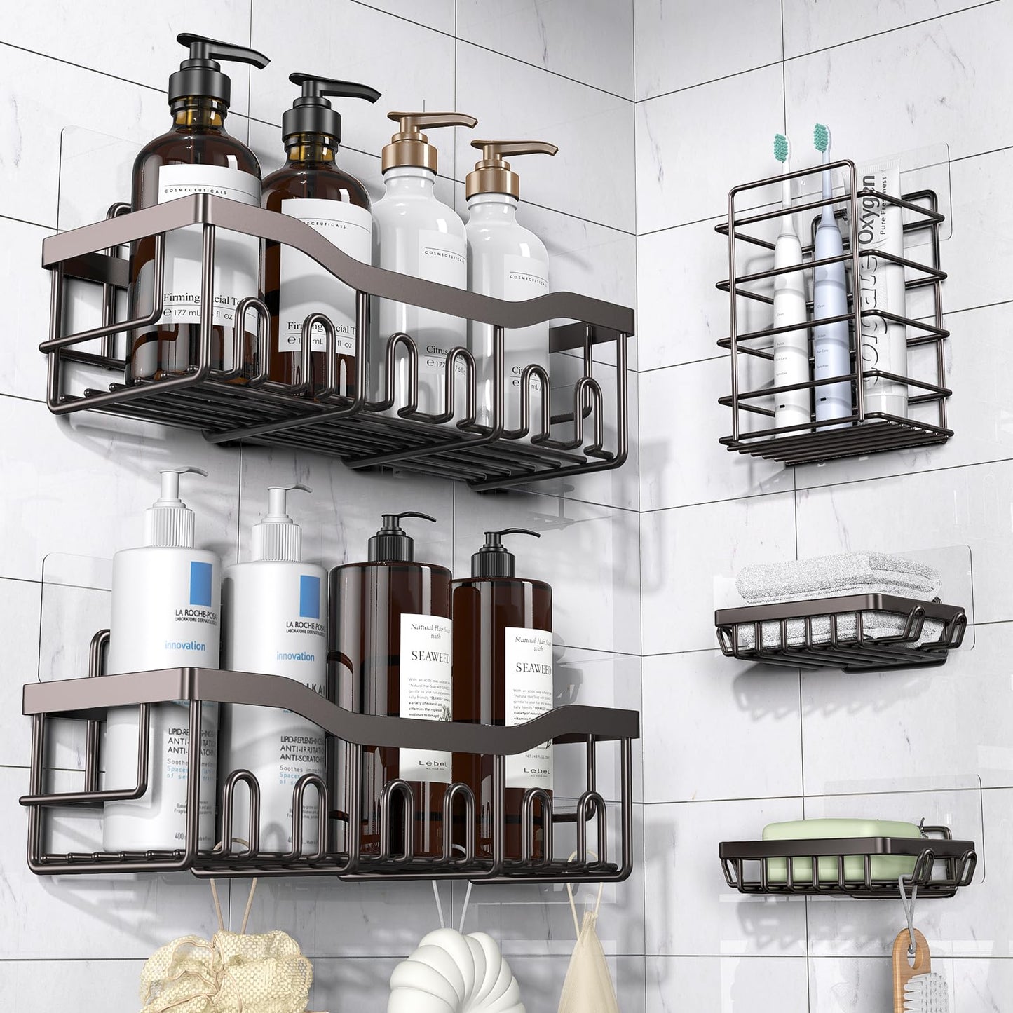 EUDELE Shower Caddy 5 Pack, Adhesive Bathroom Organizer, Large Capacity, Rustproof Stainless Steel, Shower Shelves