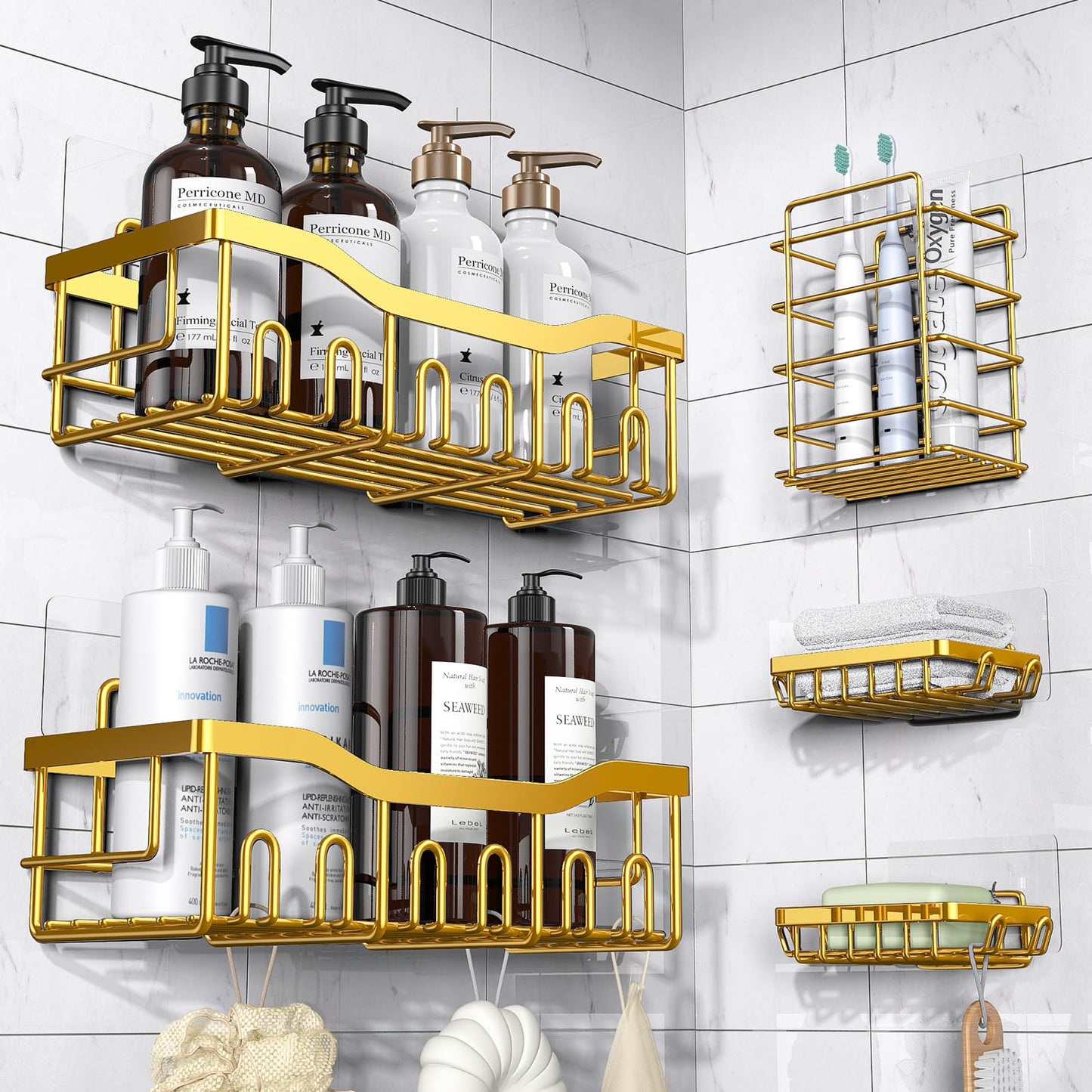 EUDELE Shower Caddy 5 Pack, Adhesive Bathroom Organizer, Large Capacity, Rustproof Stainless Steel, Shower Shelves